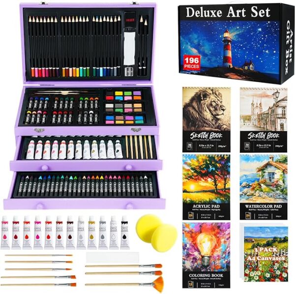 196 Piece Art Kit, Deluxe Art Supplies Painting Art Set with 5 Drawing Pad, Canvases, Acrylic Paint, Oil Pastels, Crayons, Colored Pencils in Wooden Art Box, Gifts for Kids Girls Boys Adults Beginners